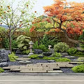 Courtyard Garden With Persimmon Tree Orange Leaves Stone Path Lantern And Bamboo Fence
