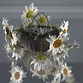 Decorative Ornament Set with Wicker Basket and White Daisies for Tabletop Decoration