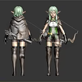 Elf Archer 3D Character Model With Green Hair Cloak Bow Arrow Quiver Front Back View