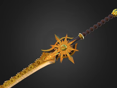 Golden Decorative Sword With Sun Motif Ornate Patterns And Brown Beaded Hilt 3d model