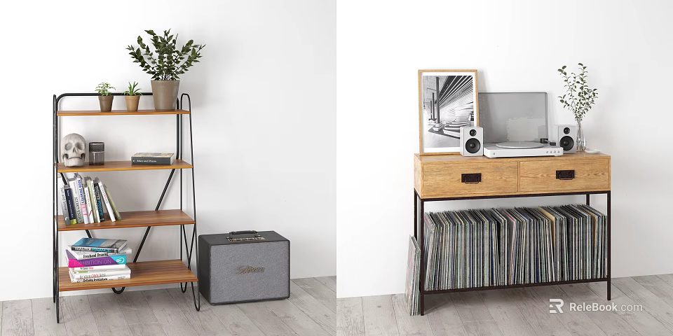 Modern Multipurpose Shelving Unit With Plants Books Drawers Laptop Speakers And Vinyl Records 3d model 