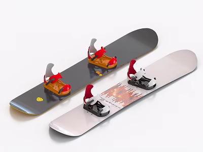 Two Snowboards Featuring Dark Gray And White Surfaces Red Black Bindings And Vibrant Red Graphics 3d model