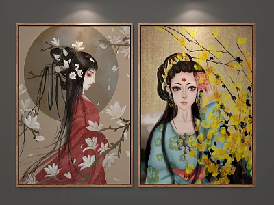 Chinese Traditional Figure Paintings With Red Blue Costumes And White Yellow Flowers 3d model