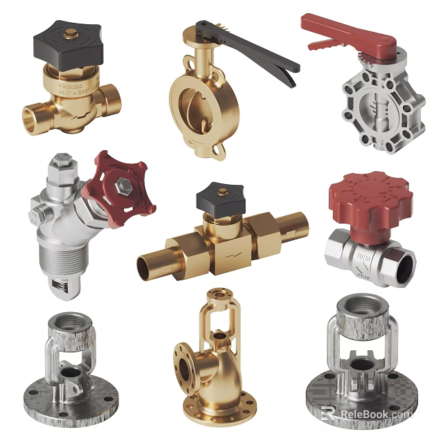 Durable Hardware Tools Featuring Various Brass and Stainless Steel Valves with Red Handles 3d model 