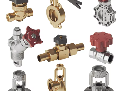 Durable Hardware Tools Featuring Various Brass and Stainless Steel Valves with Red Handles 3d model