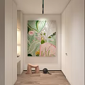 Modern Interior Abstract Painting With Green Pink White Floral Elements Hanging On Wall