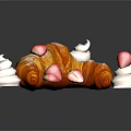 Fresh Croissant with Fresh Strawberries Whipped Cream and Powdered Sugar on Dark Background with Reflection