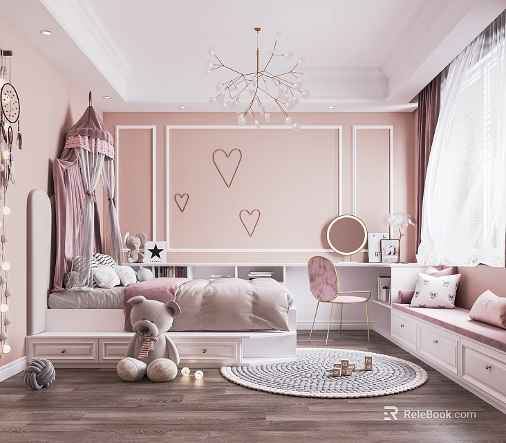 Pink Kids Room Interior With Canopy Bed Heart Wall Decorations Chandelier And Window Seat 3d model 