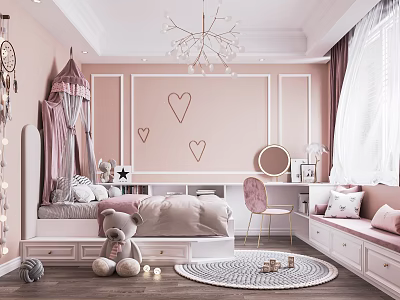Pink Kids Room Interior With Canopy Bed Heart Wall Decorations Chandelier And Window Seat 3d model