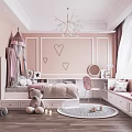Pink Kids Room Interior With Canopy Bed Heart Wall Decorations Chandelier And Window Seat