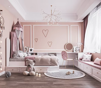 Pink Kids Room Interior With Canopy Bed Heart Wall Decorations Chandelier And Window Seat 3d model