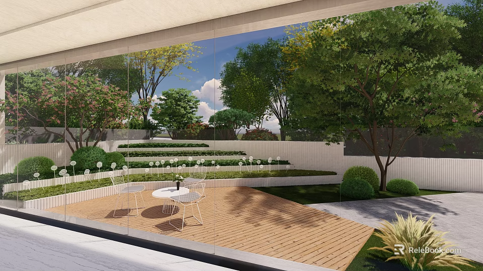 Scenic Courtyard Garden Featuring Wooden Deck Outdoor Table Chairs Lush Greenery And Trees 3d model 