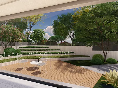 Scenic Courtyard Garden Featuring Wooden Deck Outdoor Table Chairs Lush Greenery And Trees 3d model
