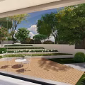 Scenic Courtyard Garden Featuring Wooden Deck Outdoor Table Chairs Lush Greenery And Trees