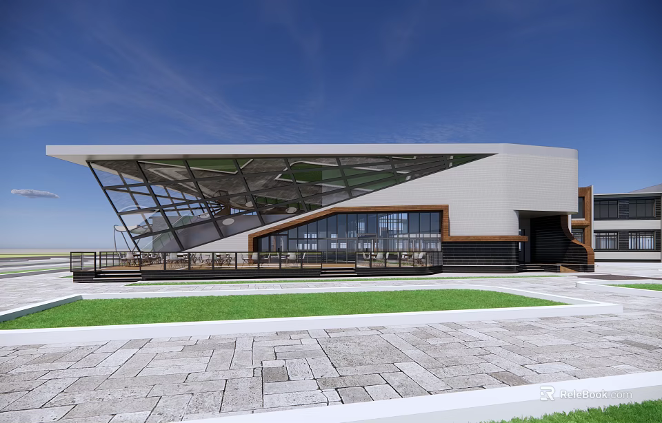 Modern Architectural Building With Geometric Glass Roof Large Windows Lawn And Stone Paved Ground 3d model 