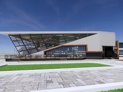Modern Architectural Building With Geometric Glass Roof Large Windows Lawn And Stone Paved Ground 3d model