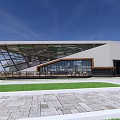 Modern Architectural Building With Geometric Glass Roof Large Windows Lawn And Stone Paved Ground