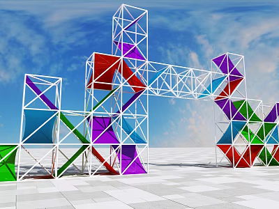 Colorful Geometric Door Arch Structure With Metal Frame Blue Sky And White Ground 3d model