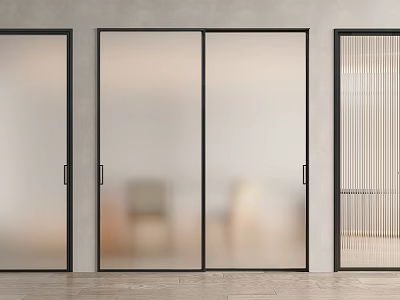 Modern Interior Doors with Frosted Glass Sliding Panels Black Frames and Vertical Slats 3d model