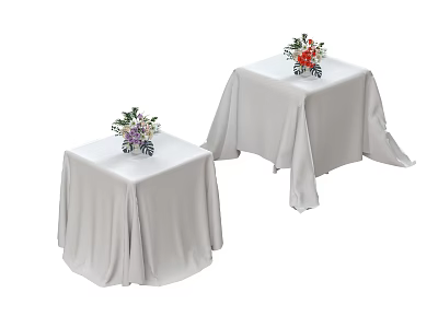 Pair of Conference Tables with White Tablecloths and Colorful Floral Arrangements 3d model