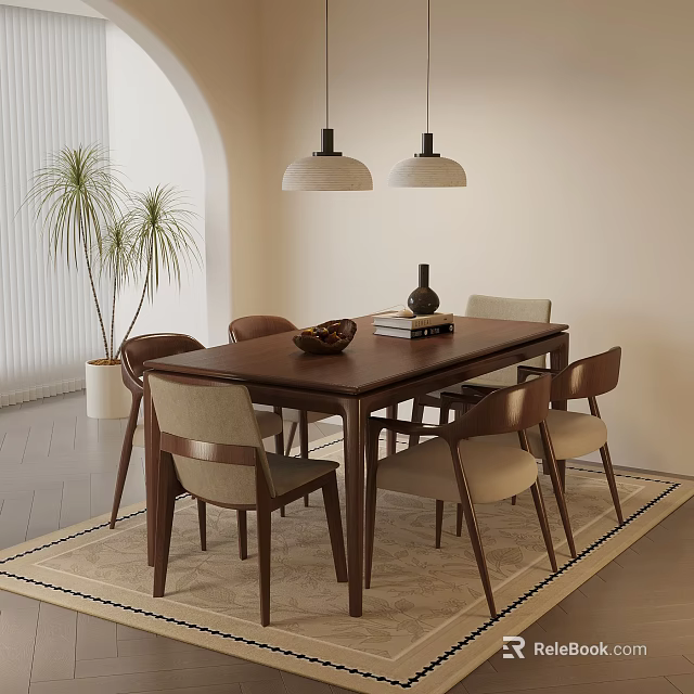 Modern Solid Wood Dining Table With Upholstered Chairs Set For Cozy Warm Home Dining Area 3d model 