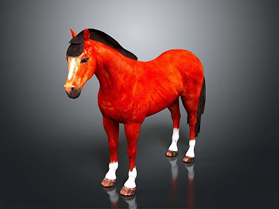 Red Horse with Black Mane White Hooves Standing on Black Background with Reflection 3d model