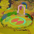 Cartoon Scene With Circular Pond Lily Pads Lotus Flowers Stone Fence And Arched Gate