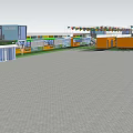 Vibrant Pedestrian Commercial Street With Colorful Bunting Yellow Storefronts Pedestrians And Seating Areas
