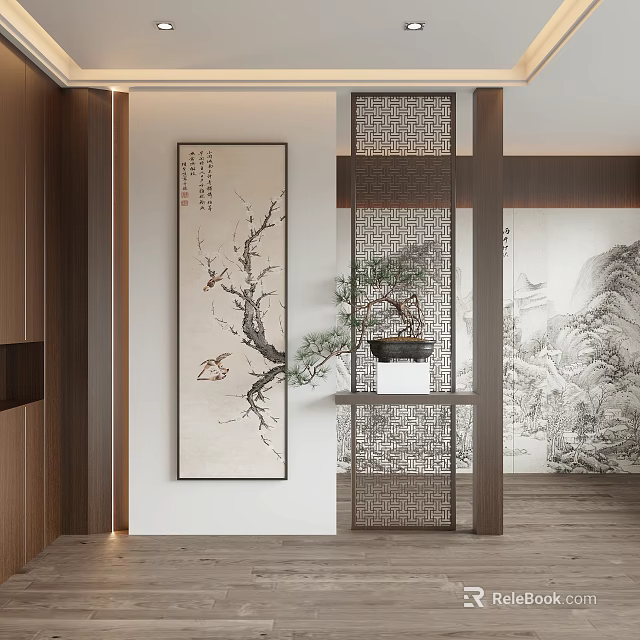 Chinese Foyer Hallway with Lattice Screen Wall Painting Potted Plant and Wooden Decor 3d model 
