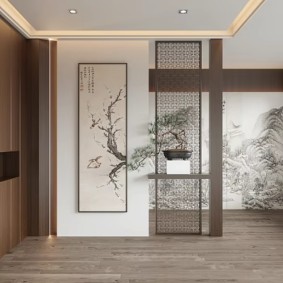 Chinese Foyer Hallway with Lattice Screen Wall Painting Potted Plant and Wooden Decor 3d model