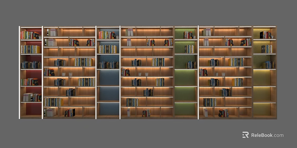 Modern Wooden Bookshelf With Multiple Shelves Neatly Arranged Books And Colorful Panels 3d model 