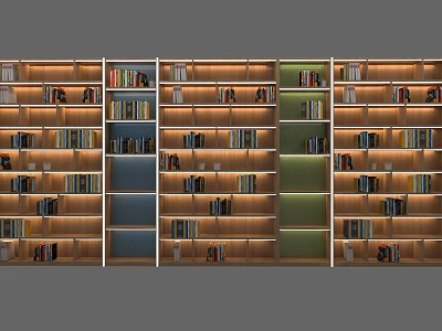 Modern Wooden Bookshelf With Multiple Shelves Neatly Arranged Books And Colorful Panels 3d model