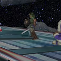 Blue Hedgehog Warrior With Shield And Sword On Starry Sky Platform With Purple Character