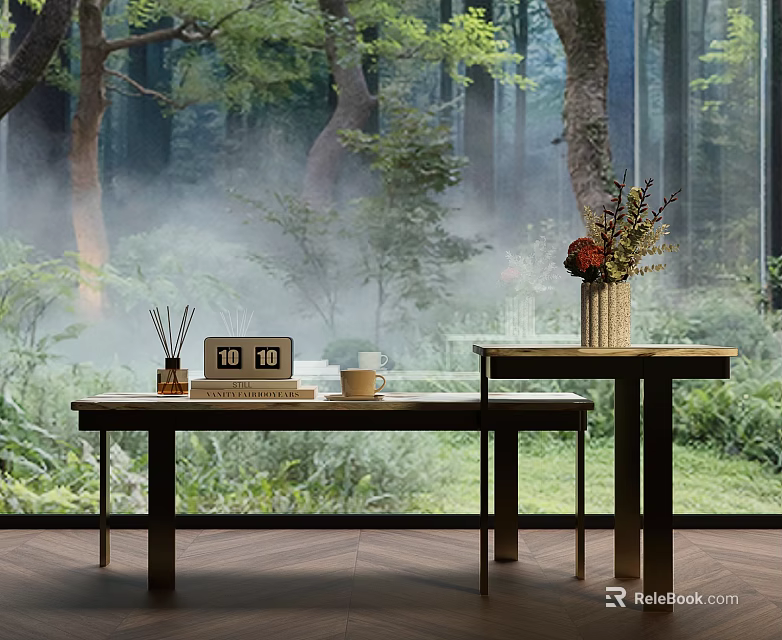 Misty Forest Background Coffee Table Set With Aromatherapy Books Cup And Flowers 3d model 