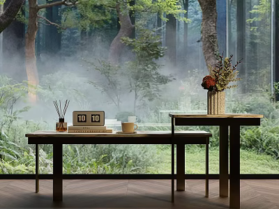 Misty Forest Background Coffee Table Set With Aromatherapy Books Cup And Flowers 3d model