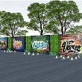Building Exterior Wall Featuring Colorful Graffiti Art And Tree Surroundings With Reflective Water
