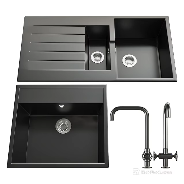 Modern Black Double Bowl Kitchen Sink With Drainboard And Faucet 3d model 