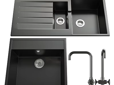 Modern Black Double Bowl Kitchen Sink With Drainboard And Faucet 3d model