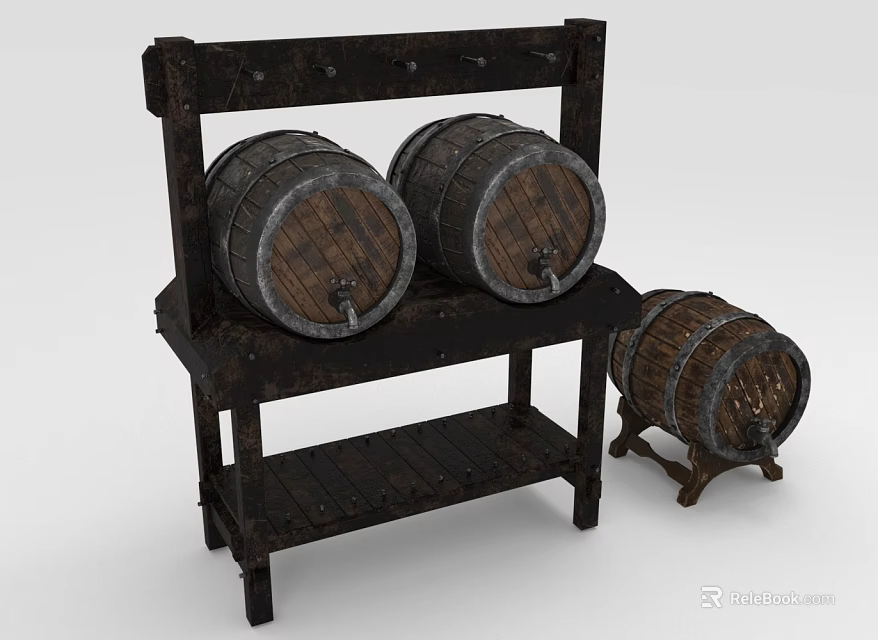 Vintage Wooden Barrels Stored On Rustic Rack With Small Decorative Barrel 3d model 