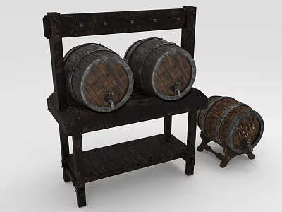 Vintage Wooden Barrels Stored On Rustic Rack With Small Decorative Barrel 3d model