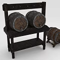 Vintage Wooden Barrels Stored On Rustic Rack With Small Decorative Barrel