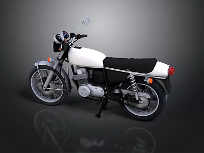 Vintage White Motorcycle with Black Seat Silver Engine Round Headlight and Rearview Mirror 3d model