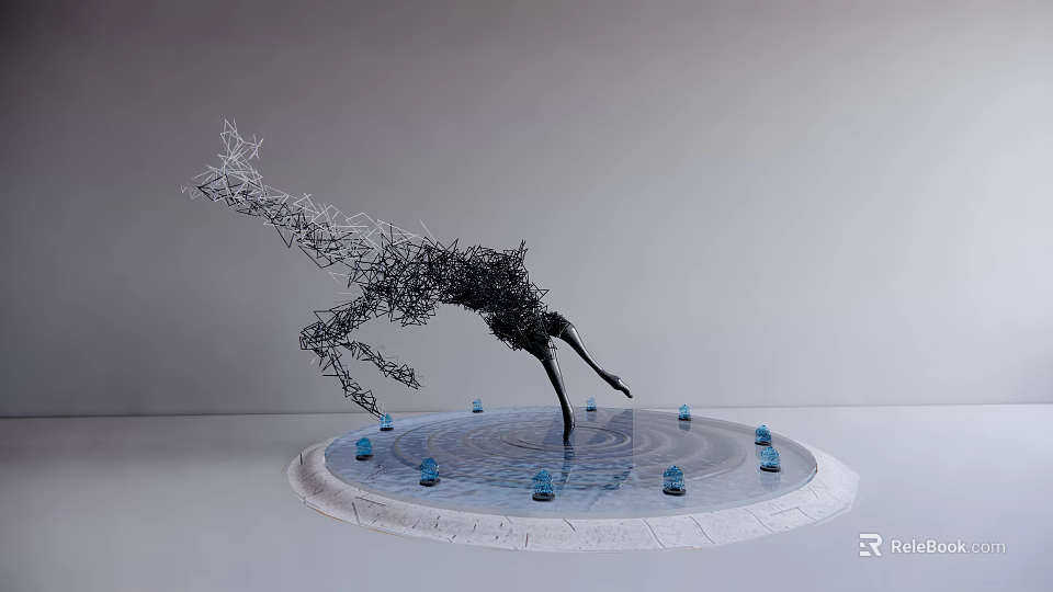 Modern Abstract Deer Shaped Metal Wire Landscape Sculpture With Circular Base Blue Accents Water Reflection 3d model 