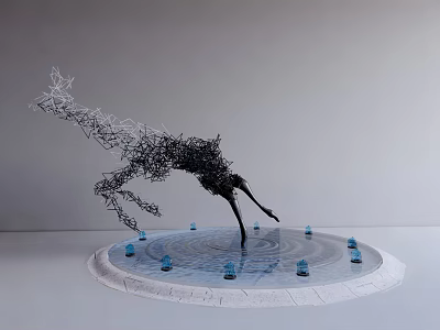Modern Abstract Deer Shaped Metal Wire Landscape Sculpture With Circular Base Blue Accents Water Reflection 3d model