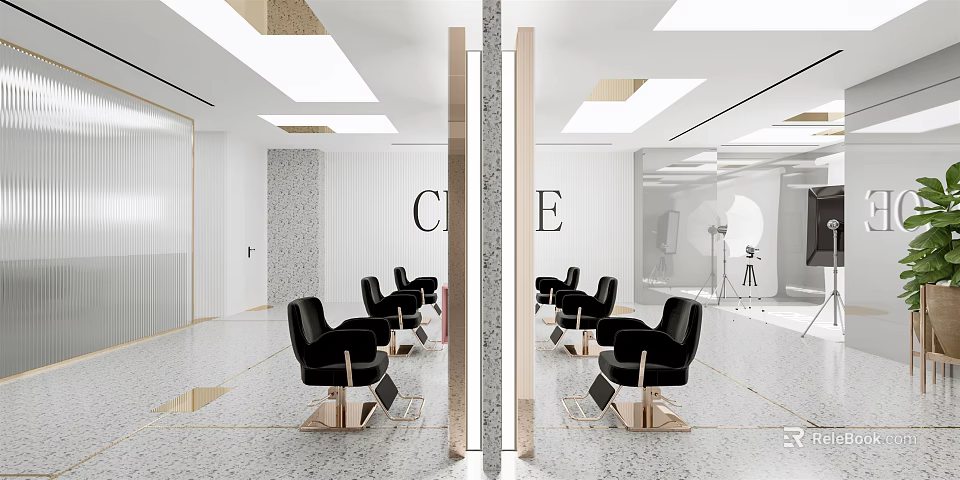 Modern Hair Beauty Salon Interior With Black Styling Chairs Marble Mirrors And Lighting 3d model 