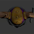 Fantasy Weapon Helmet with Decorative Gold Purple Silver Horns and Metallic Design
