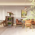 Cozy Dining Living Room Interior With Wooden Furniture Green Plants And Hanging Lamp