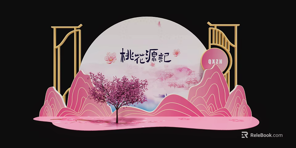 Peach Blossom Themed Photo Check-in Spot With Pink Mountains Cherry Blossom Tree And Golden Frames 3d model 