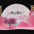 Peach Blossom Themed Photo Check-in Spot With Pink Mountains Cherry Blossom Tree And Golden Frames