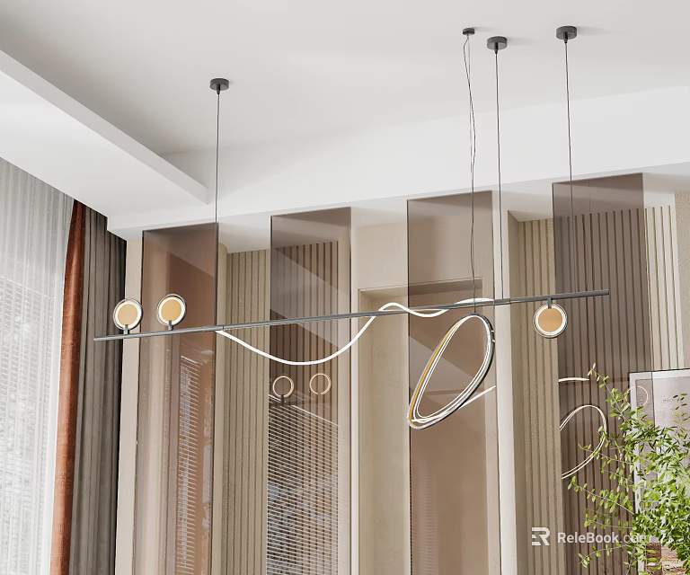 Modern Curved Metallic Chandelier With Warm Circular Lights Hanging In Elegant Interior 3d model 
